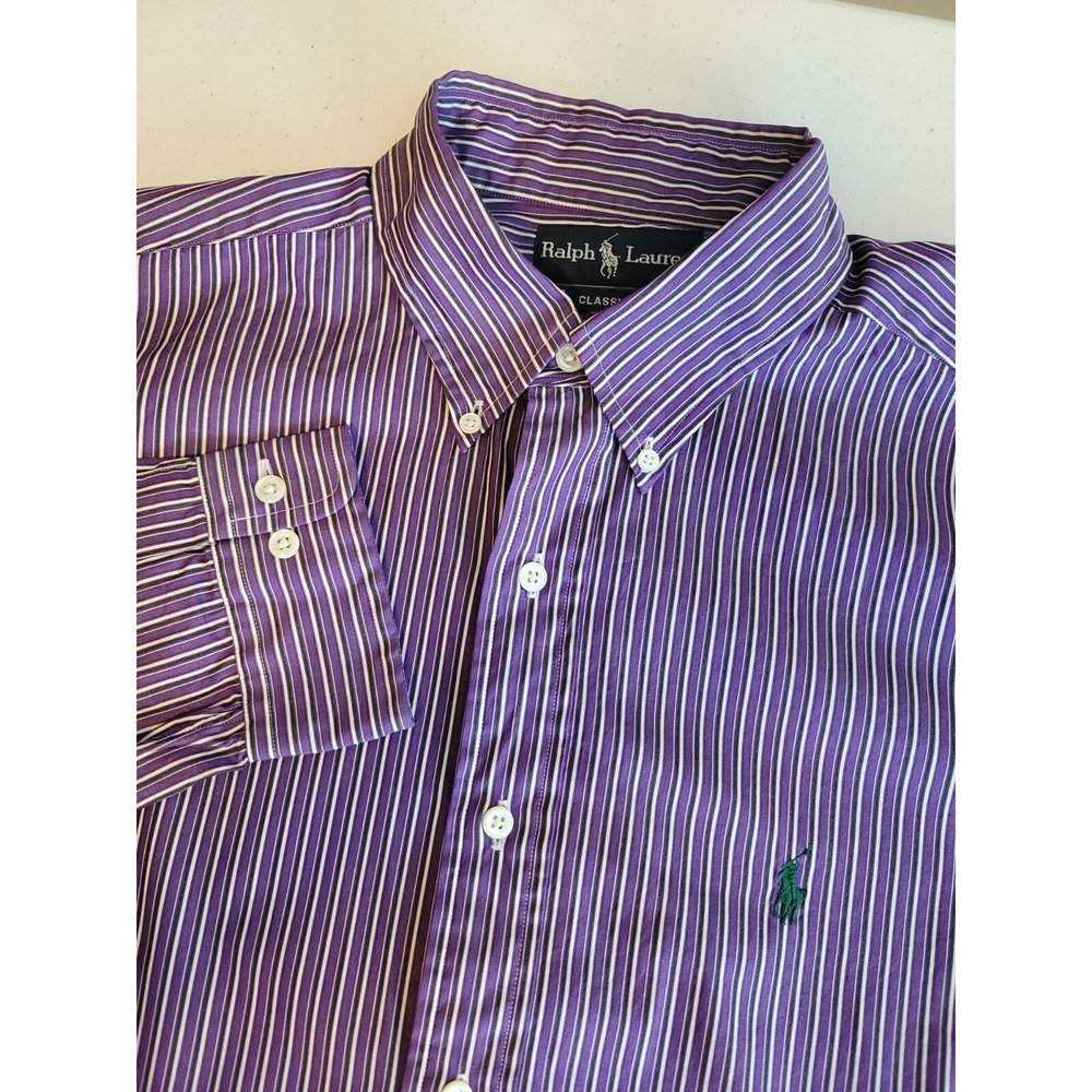 Ralph Lauren Mens Classic Fit Striped Button Down Shirt Purple White 16.5 L